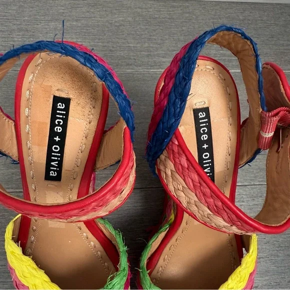 Alice + Olivia Josiey Rainbow Raffia Wedge Sandals Size 8 Colorful Platform Shoe - Picture 11 of 16